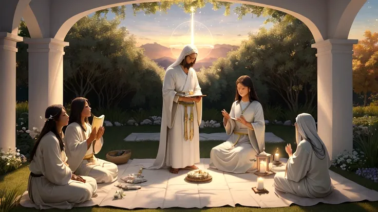 "Description: Illustrate a serene and heavenly scene where believers of diverse backgrounds are gathered in a tranquil garden or celestial realm. Show them engaged in joyful activities like worship, fellowship, and contemplation, symbolizing their anticipa...