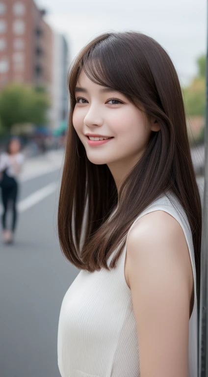 ((best quality, 8K, Masterpiece :1.3)), 1 girl, smile, full body, Slender face, beautiful woman, (dark brown hair), long dress :1.1, Highly detailed face, Detailed eyes, Double eyelids, blurred background, Slender face, city, outside, road,