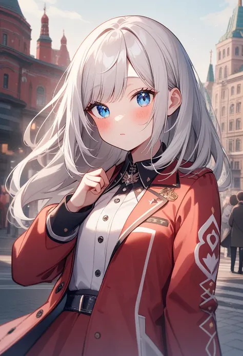 One girl,  Alisa Mikhailovna Kujo,Tomorrow, my friend, Arya-san, will be visiting Russia.,alone, Long Hair, Eyebrows visible through hair, Hair between the eyes, Silver Hair, Hair Ribbon, blue eyes, Medium chest, ,Long sleeve, Jacket,
View your viewers, 
H...