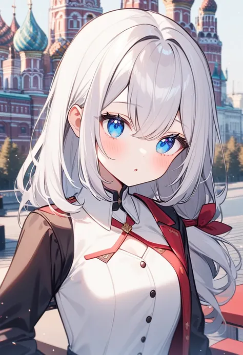 One girl,  Alisa Mikhailovna Kujo,Tomorrow, my friend, Arya-san, will be visiting Russia.,alone, Long Hair, Eyebrows visible through hair, Hair between the eyes, Silver Hair, Hair Ribbon, blue eyes, Medium chest, ,Long sleeve, Jacket,
View your viewers, 
H...