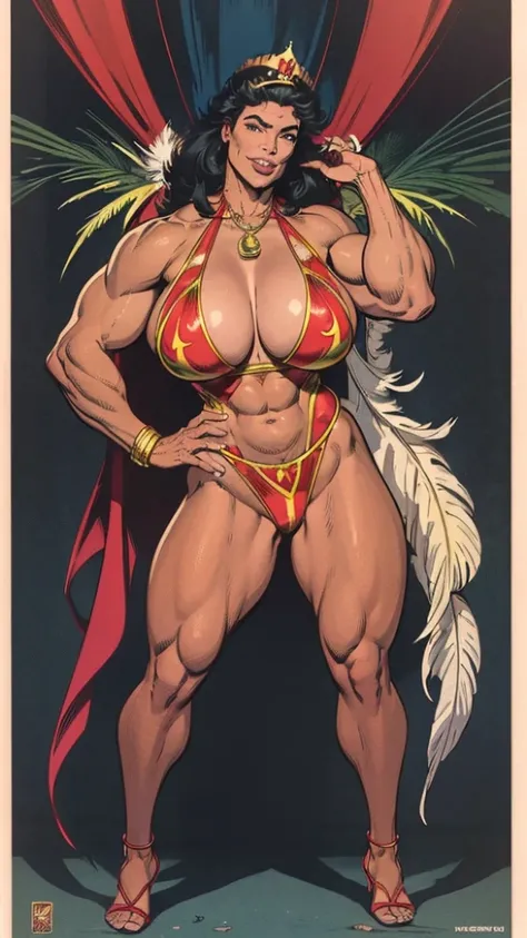 (best quality, high resolution, Artwork:1.2), standing, posing, smiling, Horny, Latin Beauty, (((Huge male bodybuilder:1.15))), huge muscular ass, (wide hips), (Slim waist) , (((Broad shoulders))), ((((huge breasts)))), nervous, (black hair), feather crown...