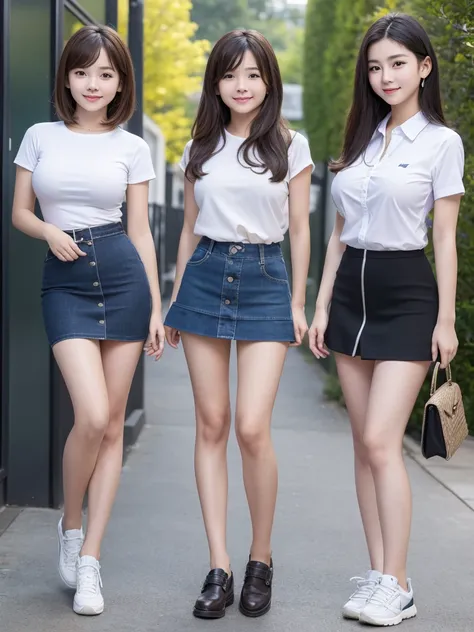 Highest quality、masterpiece、8K、Very detailed、Realistic、(Young face:1.2)、(Looks like an elementary school kid:1.2)、3 people、Looking at me with a smile、whole body、(Big Breasts)、Thin and beautiful legs、Tight and slim waist、Tight shirt、mini skirt、Short Hair、Er...