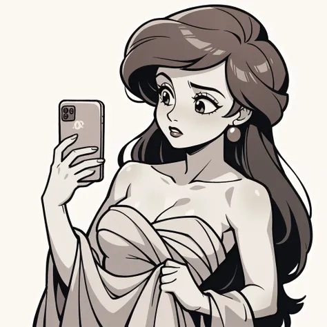 score_9_presence, score_8_up, ariel, jewellery, wrapped in towel, medium breasts, holding phone