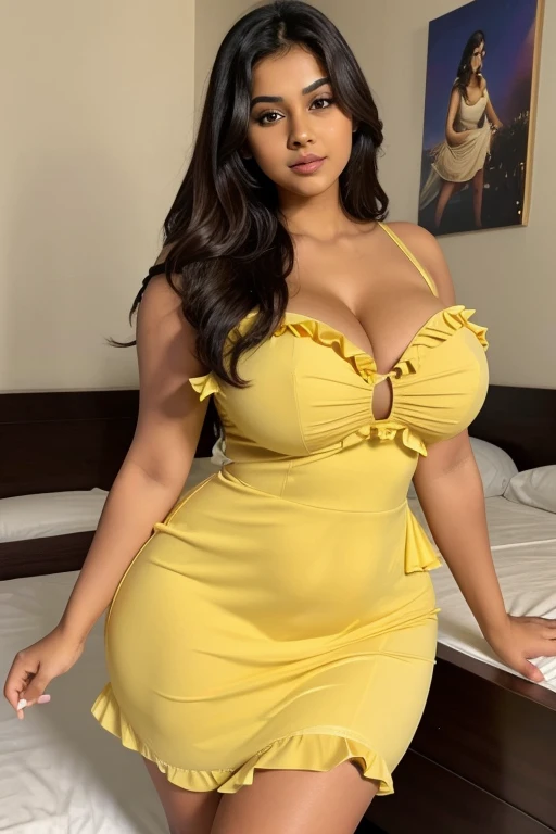 RAW, Best quality, high resolution, masterpiece: 1.3), 1 beautiful busty indian woman, Masterpiece, perfect fit body, big breasts, beautiful big eyes, open stand, Soft smile, curvy body, wider hip, thick thighs, woman standing in the bedroom in (yellow fri...