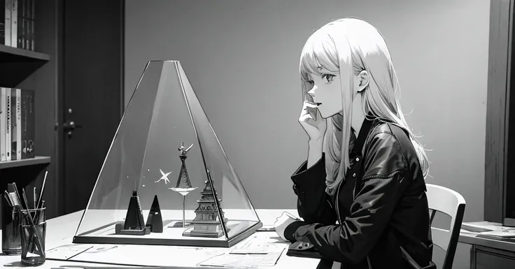 masterpiece, best quality, perfect anatomy, a young female architect, leaning her chin on both her hands, a  glass pyramid figure on the desk, fujimotostyle, Monochromatic