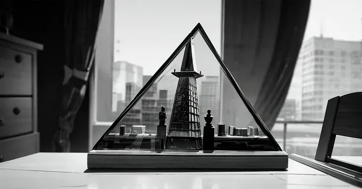 masterpiece, best quality, perfect anatomy, a young female architect, leaning her chin on both her hands, a  glass pyramid figure on the desk, fujimotostyle, Monochromatic