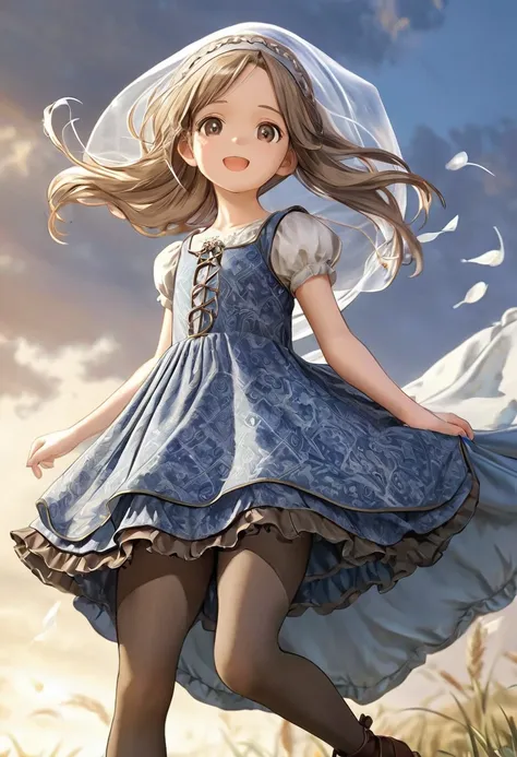 10 year old girl underwear, Kind Face, Long bloomers made of patterned cotton fabric, Medieval one-piece dress with panniers, Fabric Realism, Low - Angle, You can see the drawer, Pull up the dress by hand,  Strong winds, Translucent slip, Translucent slip,...