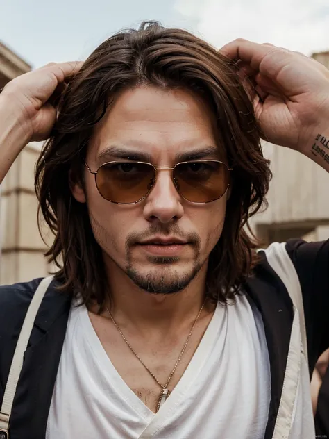 thin white man, caucasiano, western american, thirty years old, with brown hair below the ears, with a goatee, eyes browns, with sunglasses, similar to actors johnny deep and tom cruise, dress with suit.