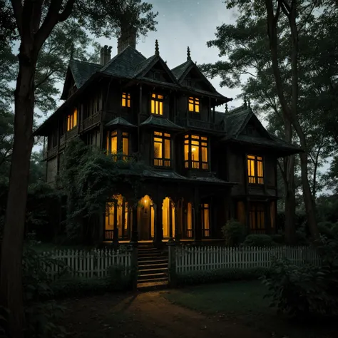 A haunted village mansion in dark night, two storied, Indian, surrounding by trees herbs shurbs