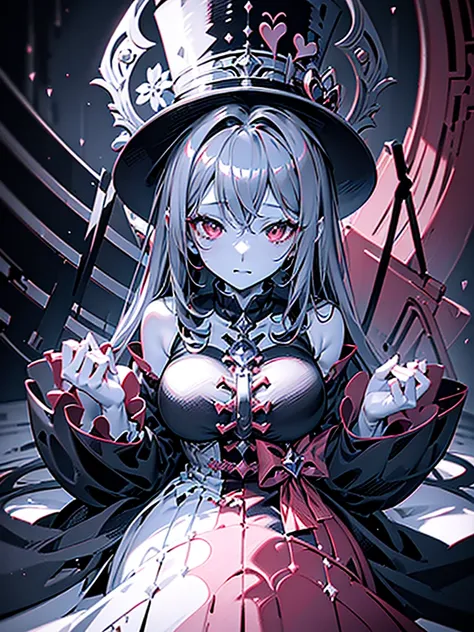 a close up of a person with a hat and a top hat, kawacy, anime cover, gothic harts, shadowverse style, from arknights, high detailed official artwork, black and white with red hearts, harley queen, nightcore, monochrome and red color bleed, light novel cov...