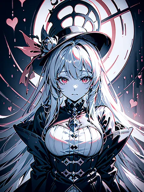 a close up of a person with a hat and a top hat, kawacy, anime cover, gothic harts, shadowverse style, from arknights, high detailed official artwork, black and white with red hearts, harley queen, nightcore, monochrome and red color bleed, light novel cov...