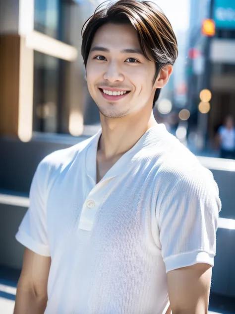 high resolution,４K,Charm、Realistic、Clean and refreshing、Japanese、Vibrant urban background,The charming smile of a cool man in his 20s。Define your face from the shoulders up。With confidence and flexibility、It has an eye-catching appeal。