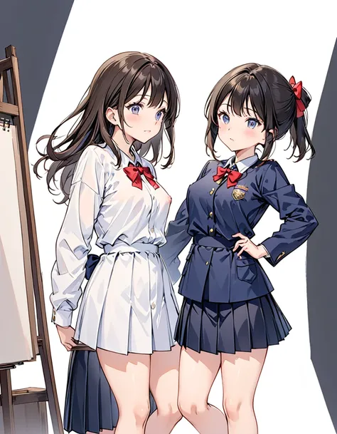 No background、Drawing nipples、Standing Upright、Front view、A girl in a black pleated skirt, shirt and bow tie and a completely naked girl、Drawing the same person in different clothes、Naked and in uniform、Two Girls、Draw a girl in uniform on the right and a n...