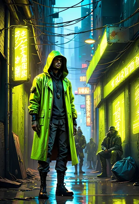 A medium quality digital illustration of a [Chartreuse vagabond] named "Safe From Harm" finding themselves [out of luck] in a scene reminiscent of "Battle Without Honor Or Humanity". Urban setting, cyberpunk aesthetics, dynamic composition, dramatic lighti...