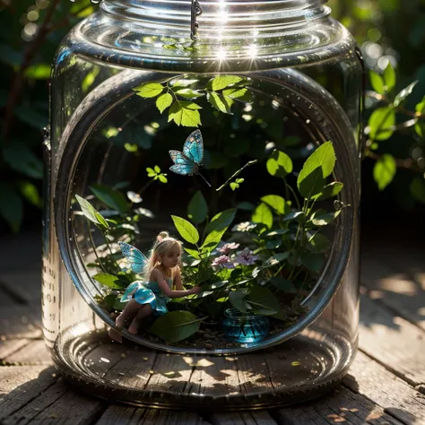 a little fairy trapped in a glass jar, blonde hair, blue eyes, tiny fairy, fairy outfit with leaves, glass jar, detailed fairy f...