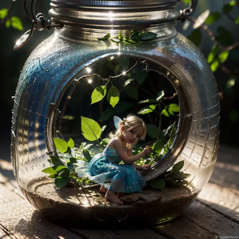 a little fairy trapped in a glass jar, blonde hair, blue eyes, tiny fairy, fairy outfit with leaves, glass jar, detailed fairy f...