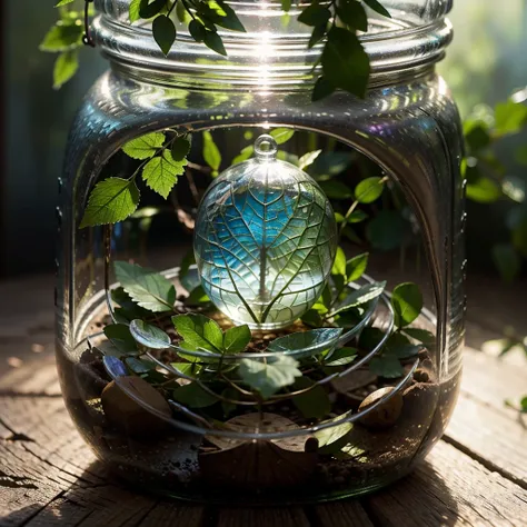 a little fairy trapped in a glass jar, blonde hair, blue eyes, tiny fairy, fairy outfit with leaves, glass jar, detailed fairy f...