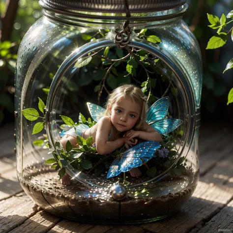 a little fairy trapped in a glass jar, blonde hair, blue eyes, tiny fairy, fairy outfit with leaves, glass jar, detailed fairy f...