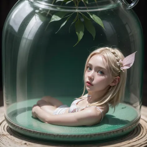 a little fairy trapped in a glass jar, a tiny woman locked in the glass jar, beautiful woman, beautiful face, green eyes, almost...