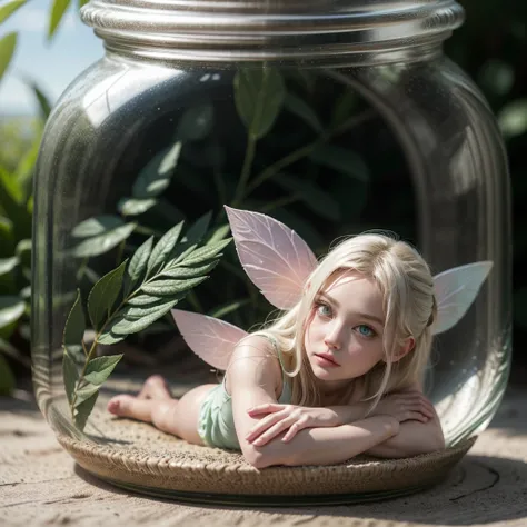 a little fairy trapped in a glass jar, a tiny woman locked in the glass jar, beautiful woman, beautiful face, green eyes, almost...