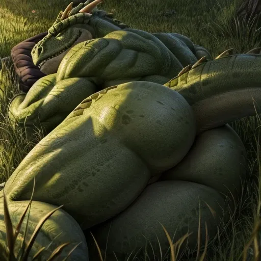 A male muscle Lizardmen butt on grass, sleeping, a very close view of butt and back , textured 