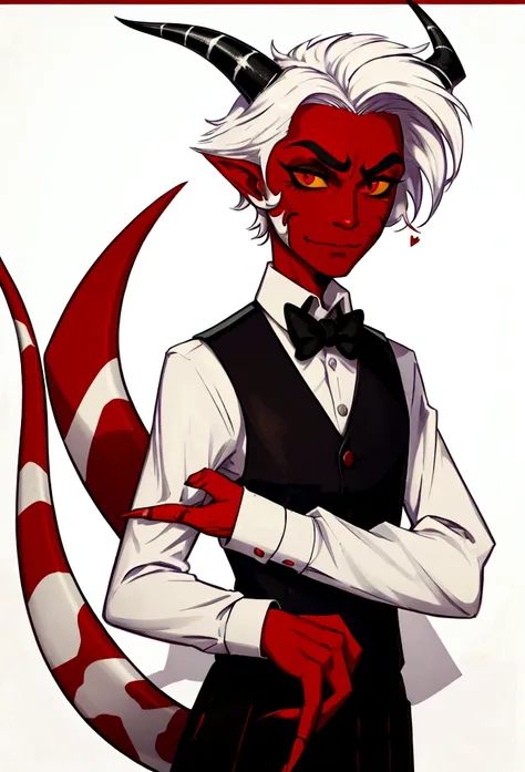 (masterpiece), best quality, expressive eyes, perfect face ,male focus, 1boy, solo, red skin, white hair, tail, tall, imp, horns...