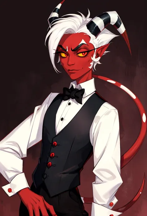 (masterpiece), best quality, expressive eyes, perfect face ,male focus, 1boy, solo, red skin, white hair, tail, tall, imp, horns...