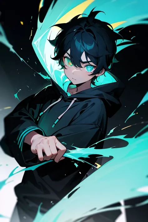 A boy around 7 years old with black hair, cyan and yellow heterochromatic eyes, glowing eyes, and wearing a black hoodie.