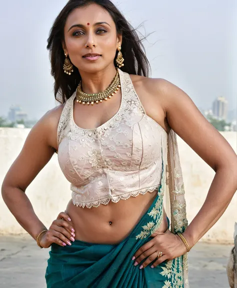 ultra realistic  photo of a 40-year-old woman, sexy woman rani mukerji, outdoors, high neck mekhela chador, lace covering chest ...