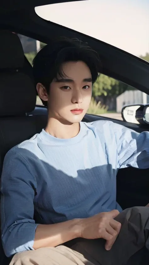 Asian guy, 25 years old, short black hair, sitting in a car, looking at the camera.