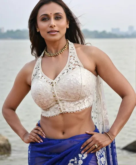 ultra realistic  photo of a 40-year-old woman, sexy woman rani mukerji, outdoors, high neck mekhela chador, lace covering chest ...