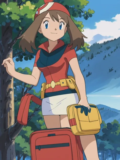 asbsurdres, highres, best quality, masterpiece, outdoors, 1girl, solo, may (pokemon), smile, fanny pack,looking at viewer