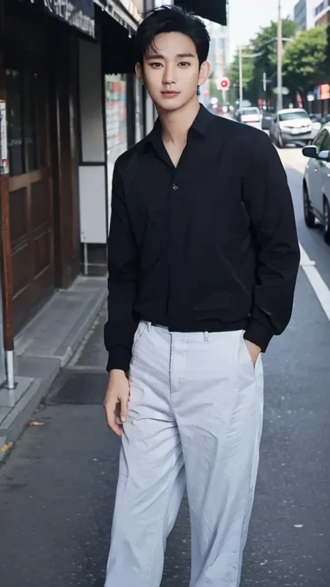 Asian guy, 25 years old, short black hair, on the street, looking at the camera.