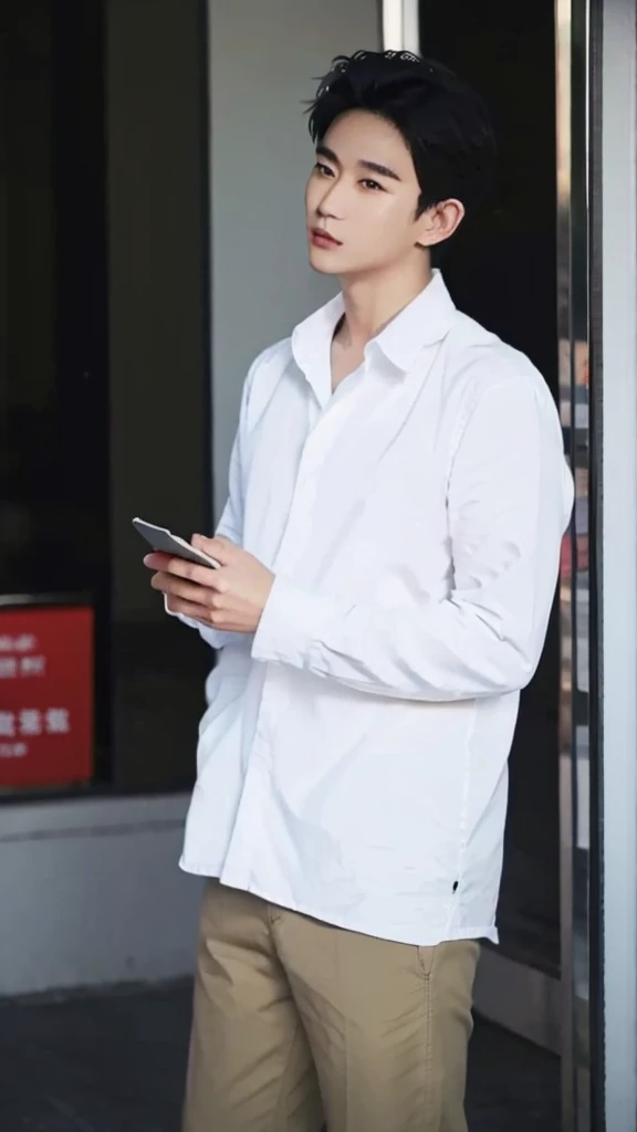 Asian guy, 25 years old, short black hair, on the street, looking at the camera.