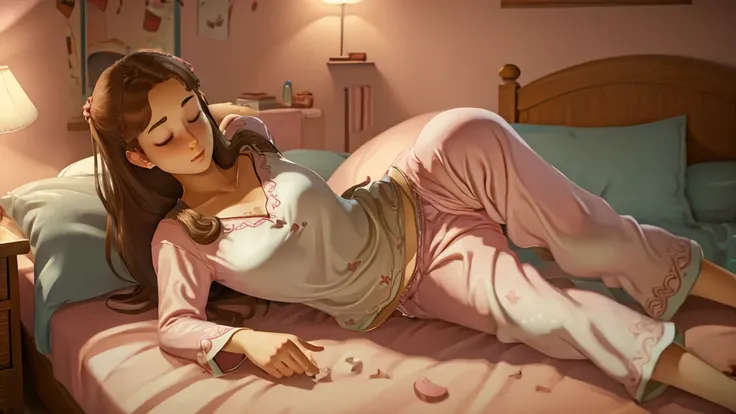 (bedroom),(highest quality,realistic),sleeping girl,22 years old,brown hair,long trousers,pink pajamas