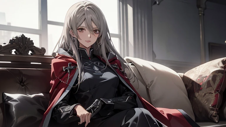 (Confused, High resolution, Very detailed), 1 female, Silver Hair,Long Hair,Reddish brown eyes,Blue and black pilot suit,24th generation,beauty,mature,thin,quiet,Calm,sofa,,Looks happy,White long cloak,