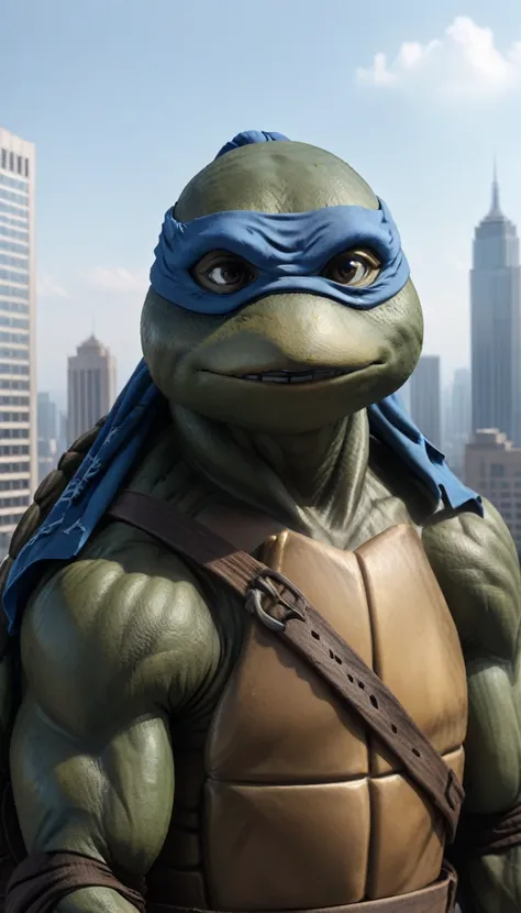 close-up, TMNTLeonardo, a teenage mutant ninja turtle, wearing blue bandana mask with eye-holes, standing on a city rooftop during the day, skyscrapers and rooftops and day sky in the background, 