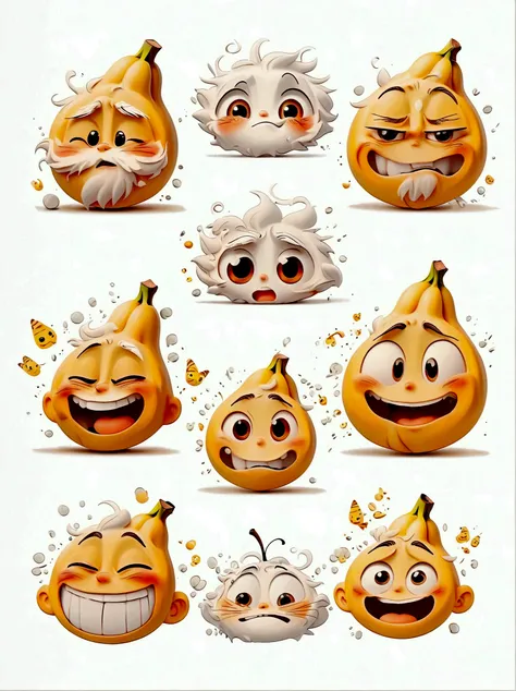 hayao miyazaki，cartoon illustration，(9 emojis, emoji sheet, align arrangement)，stick figure，a cute little banana，chunky，whole bo...