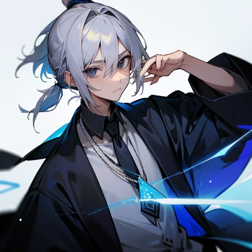 1 Male, Wizard, Silver Hair, Short Hair, Tie your hair in a ponytail close to your neck, Black Eyes, 白いWizardのローブ, cool, mysterious