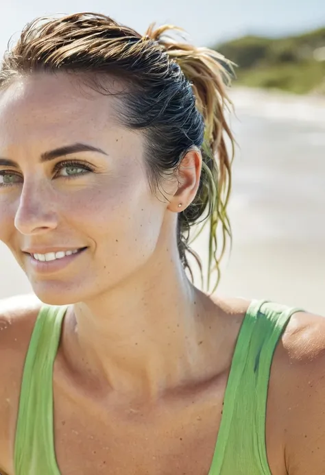 (high quality Erotic celebrity photograph ) (  lauren_cohn, , exhausted , at a  beach side  , smiling  ,( show her side , side boob tanktop  her  hair pulled back,pony tail,  incredibly sweaty light green  tank top, transparent tank top ) photorealistic ) ...