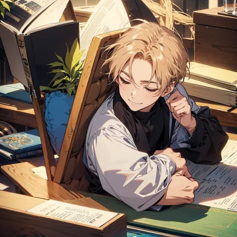 masterpiece , best quality , man , reading , chibi , anime , smile