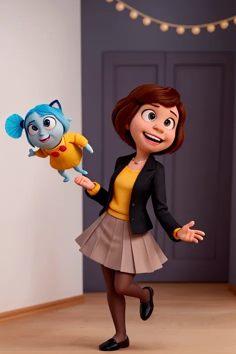 A photo of Ligia Travensolo, a female Disney Pixar 3d style character, based on the movie Inside Out, she is short, is an adult woman, is a french teacher, has light skin and shoulder-length dark brown hair, and brown eyes. She is wearing a black blazer, o...