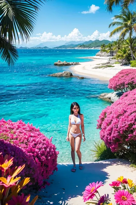 A beautiful Japanese woman is depicted standing on a pristine beach under a bright, clear blue sky. She is wearing a black bikini, highlighting her slender and toned physique. The woman holds a black umbrella, providing a striking contrast to the bright su...