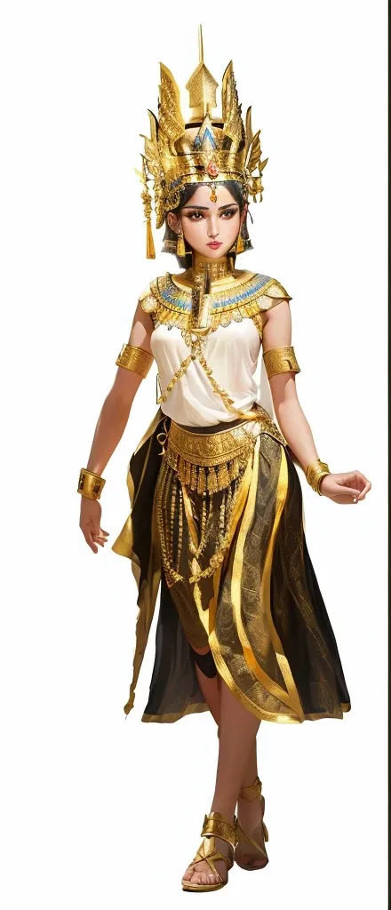 arafed woman in a thai costume with a crown and a sword, black emma watson as egyptian, pharaoh clothes, egyptian princess, egyptian clothes, wearing an egyptian crown, egyptian clothing, cleopatra, high quality theatre costume, ancient libu princess, full...