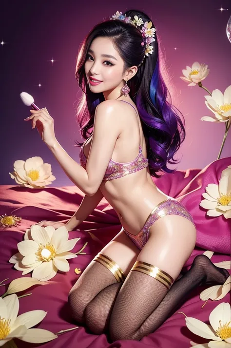 sexy Thai model who controls poison、beautiful smile、lip-gloss、bold lipstick、intense makeup、look at the camera、full body Esbian、、sparkling poisoned flower costume、、、、sparkling Colorful hair、secrete poison、skull hair accessories、sexy tights、shiny sparkling f...