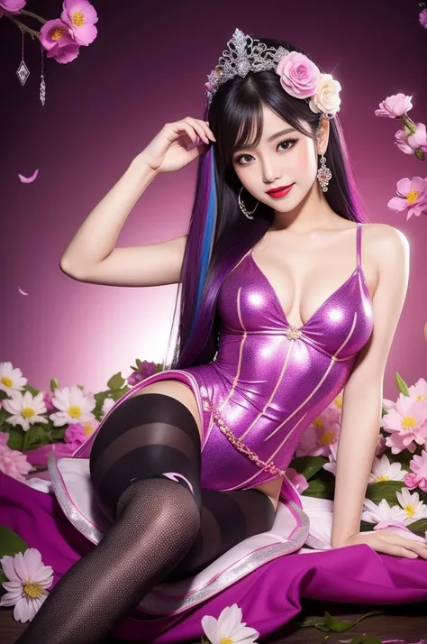 sexy Thai model who controls poison、beautiful smile、lip-gloss、bold lipstick、intense makeup、look at the camera、full body Esbian、、sparkling poisoned flower costume、、、、sparkling Colorful hair、secrete poison、skull hair accessories、sexy tights、shiny sparkling f...