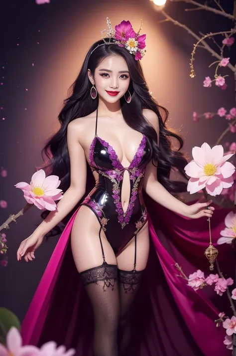 sexy Thai model who controls poison、beautiful smile、lip-gloss、bold lipstick、intense makeup、look at the camera、full body Esbian、、sparkling poisoned flower costume、、、、sparkling Colorful hair、secrete poison、skull hair accessories、sexy tights、shiny sparkling f...