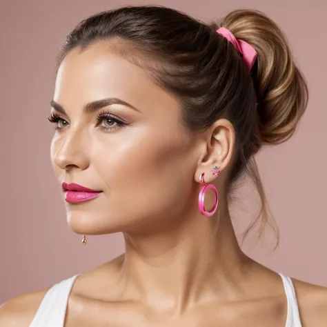 60 year old woman with ponytail and pink lipstick with circular earrings