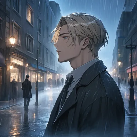 Perfect Face, A gentlemanly 28-year-old man, Milk beige hair color, Oil pastel style, in the rain、Looking up at the night sky, Chic atmosphere, The faint light of street lamps in the background, --Rainbow 5, 4K