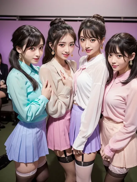 3 Japanese girls, Hair tied up, Bang bang down, (double eyelid), Looking at the audience, At work, (smile), Highest Resolution, masterpiece, (All participants wore pastel-colored long-sleeved sheer blouses.), ((Lift up the entire skirt, Showing panties and...